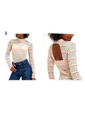Free People look Long-Sleeve Lace Open-Back Top Neutral Beige Womens Size Medium